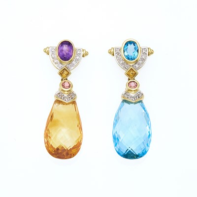 Lot 2073 - Pair of Gold, Citrine, Blue Topaz and Colored Stone Pendant-Earrings