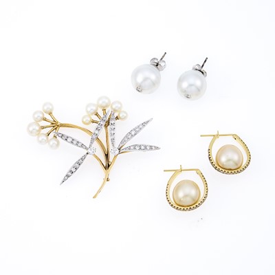 Lot 2034 - Two-Color Gold, Golden, South Sea and Cultured Pearl and Diamond Brooch and Two Pairs of Earrings