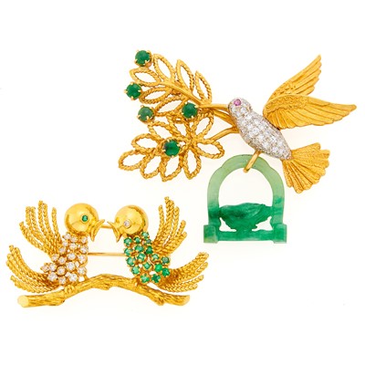 Lot 2040 - Two Gold, Diamond, Emerald and Jade Bird Brooches
