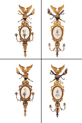 Lot 175 - Set of Four Large Classical Style Giltwood and Black Painted Mirrored Sconces