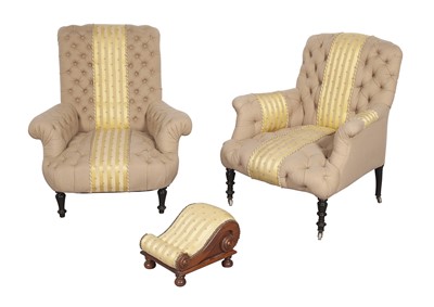 Lot 349 - Two Napoleon III Button Tufted Upholstered Armchairs and a Foot Stool