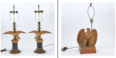 Lot 265 - Pair of Black and Gold Painted Wood Eagle-Form Table Lamps