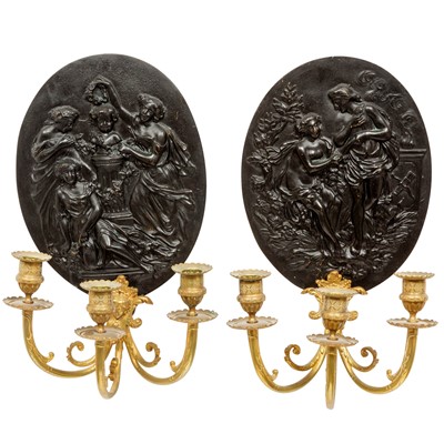 Lot 313 - Pair of Louis XVI Style Brass and Patinated Metal Three-Light Wall Sconces