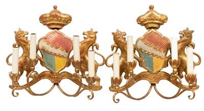 Lot 309 - Pair of Gilt-Wood Four-Light Armorial-Form Wall Sconces