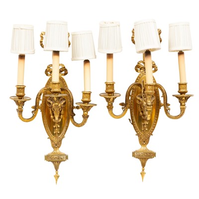 Lot 407 - Pair of Louis XVI Style Bronze Three-Light Wall Sconces