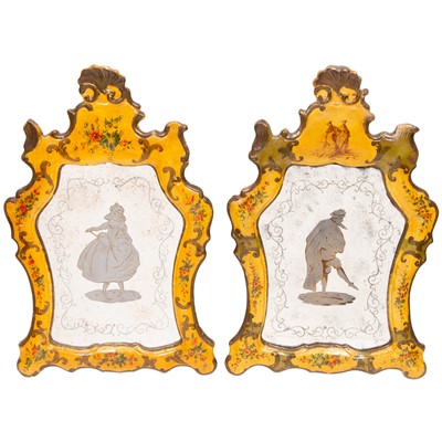 Lot 294 - Two Similar Venetian Yellow and Green Painted Etched Glass Mirrors