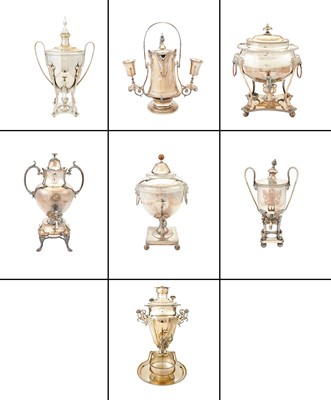 Lot 216 - Five Silver Plated Hot Water Kettles; Together with a Russian Silver Plated Samovar