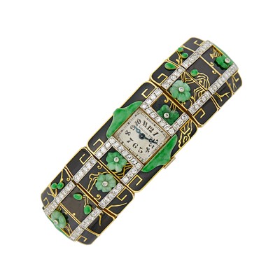 Lot 233 - Lacloche Frères Gold, Platinum, Black Enamel, Carved Jade and Diamond Wristwatch, France