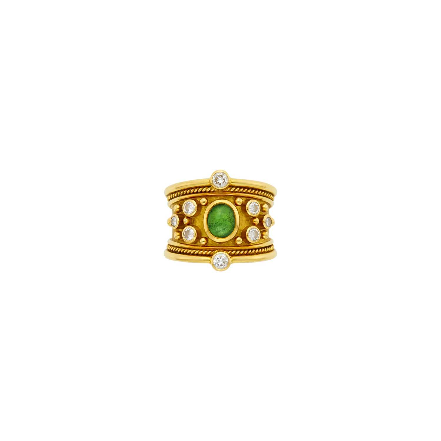 Lot 1016 - Elizabeth Gage Gold, Cabochon Emerald and Diamond Ring