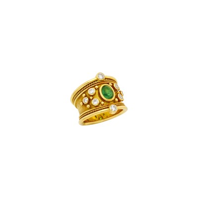 Lot 1016 - Elizabeth Gage Gold, Cabochon Emerald and Diamond Ring