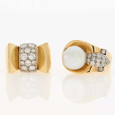 Lot 2093 - Two Gold, Platinum, Diamond and Freshwater Pearl Rings