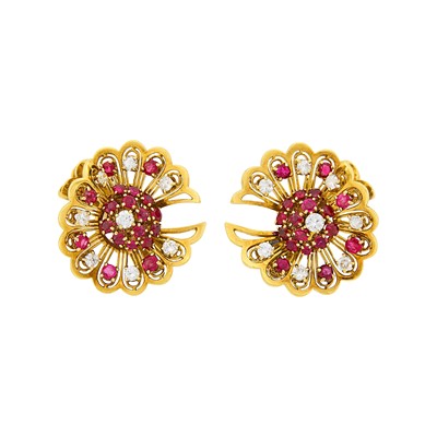 Lot 208 - Van Cleef & Arpels Pair of Gold, Ruby and Diamond Earclips