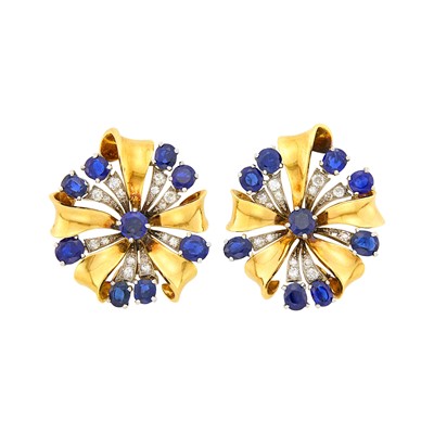 Lot 215 - Van Cleef & Arpels Pair of Gold, Platinum, Sapphire and Diamond Earclips