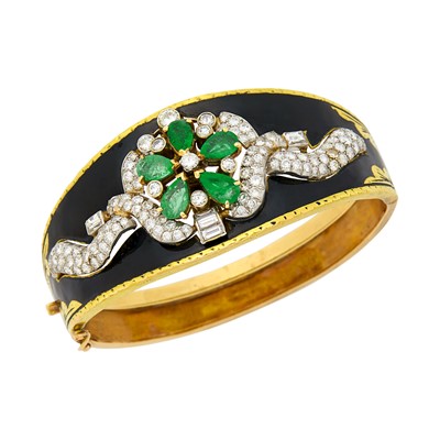 Lot 1066 - Gold, Platinum, Emerald, Diamond and Black Enamel Cuff Bangle Bracelet