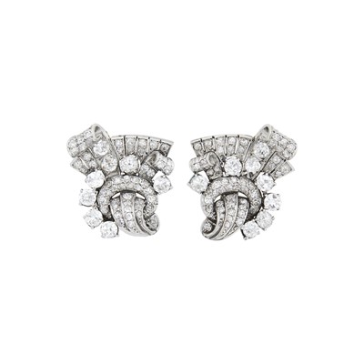 Lot 1043 - Pair of Platinum, Gold and Diamond Earclips
