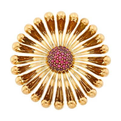 Lot 153 - Gold and Ruby Flower Clip-Brooch