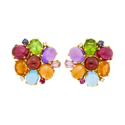 Lot 1169 - Pair of Gold, Colored Stone and Diamond Cluster Earclips
