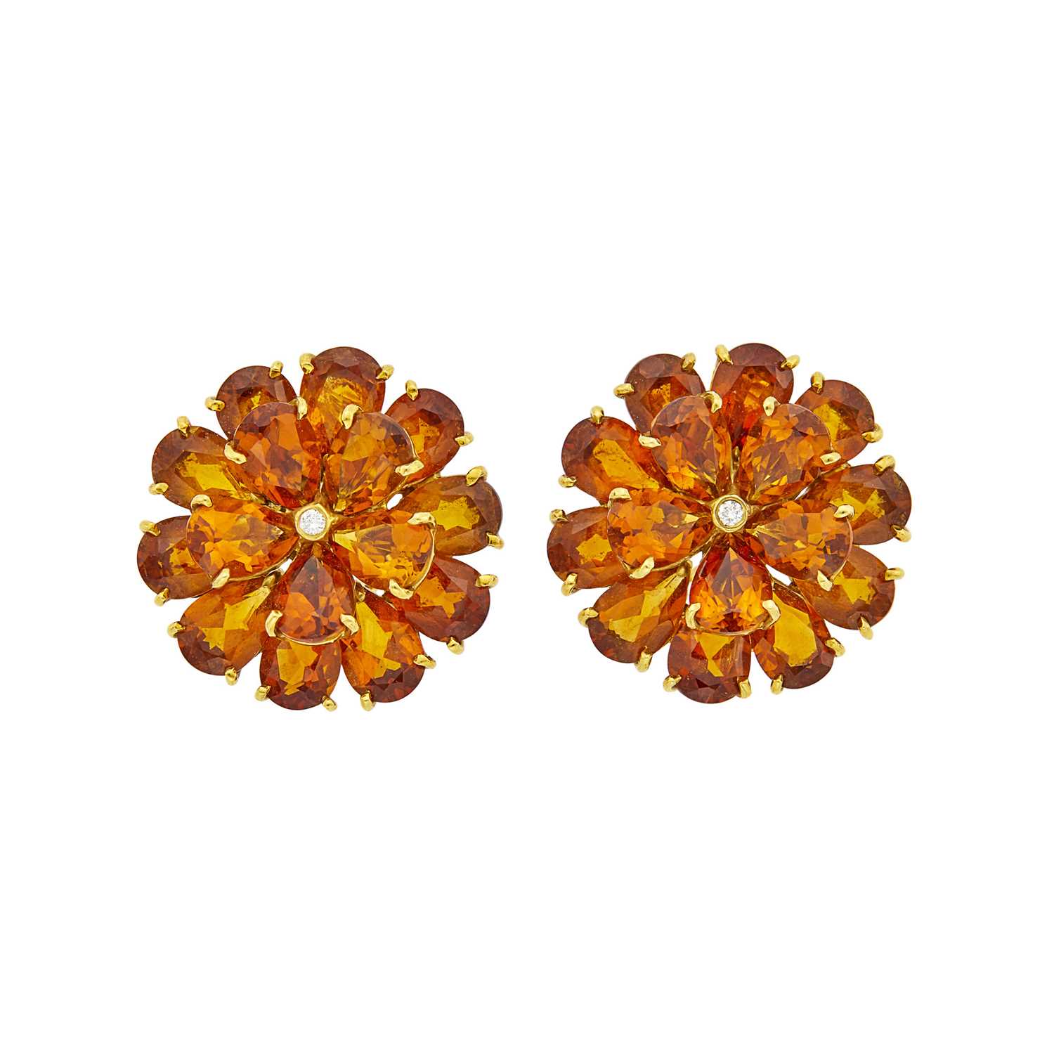 Lot 1026 - Pair of Gold, Citrine and Diamond Flower Earclips