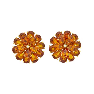 Lot 1026 - Pair of Gold, Citrine and Diamond Flower Earclips