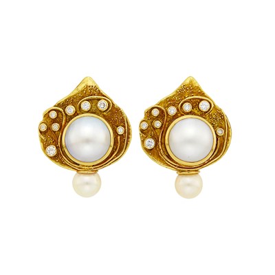 Lot 1022 - Elizabeth Gage Pair of Gold, Mabé Pearl, Cultured Pearl and Diamond Earclips