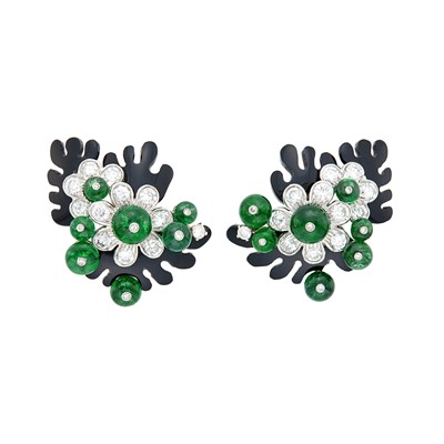 Lot 1059 - Pair of Platinum, Carved Black Onyx, Emerald Bead and Diamond Flower Earclips