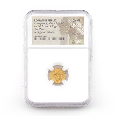 Lot 1099 - Roman Republic 60 Asses Gold Coin ca. 211 BC  NGC Ch VF
