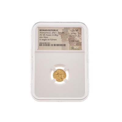 Lot 1054 - Roman Republic 60 Asses Gold Coin ca. 211 BC  NGC Ch VF