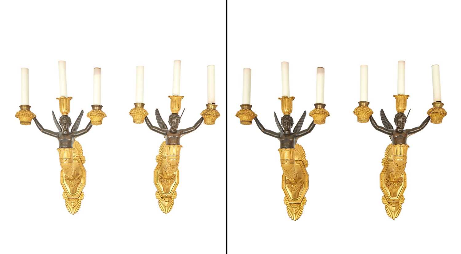 Lot 696 - Set of Four Charles X Ormolu  and Patinated-Bronze  Two-Light Wall Lights