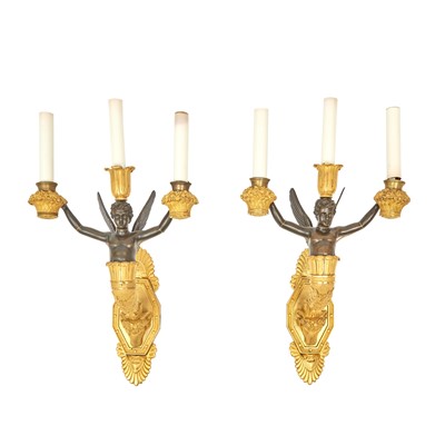 Lot 696 - Set of Four Charles X Ormolu  and Patinated-Bronze  Two-Light Wall Lights