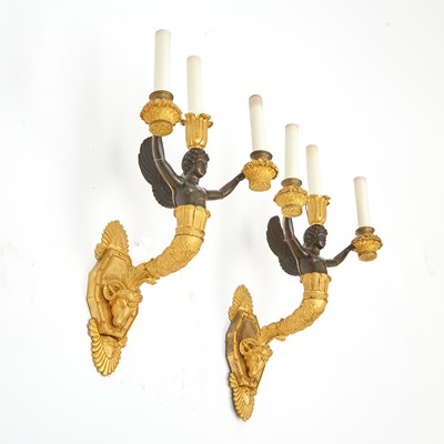 Lot 696 - Set of Four Charles X Ormolu  and Patinated-Bronze  Two-Light Wall Lights