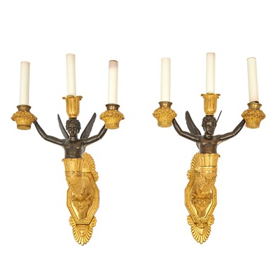 Lot 696 - Set of Four Charles X Ormolu  and Patinated-Bronze  Two-Light Wall Lights