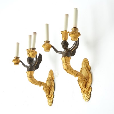 Lot 696 - Set of Four Charles X Ormolu  and Patinated-Bronze  Two-Light Wall Lights