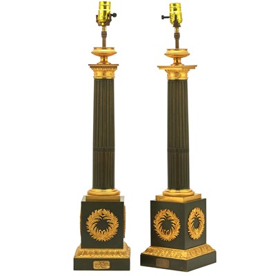 Lot 698 - Pair of Restauration Patinated and Gilt-Bronze Carcel Lamps