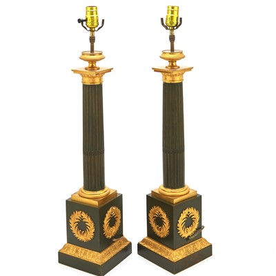 Lot 698 - Pair of Restauration Patinated and Gilt-Bronze Carcel Lamps