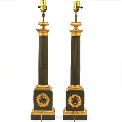 Lot 698 - Pair of Restauration Patinated and Gilt-Bronze Carcel Lamps