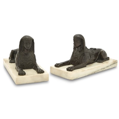 Lot 701 - Pair of Empire Style Patinated Bronze Sphinxes on Marble Plinths