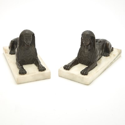 Lot 701 - Pair of Empire Style Patinated Bronze Sphinxes on Marble Plinths