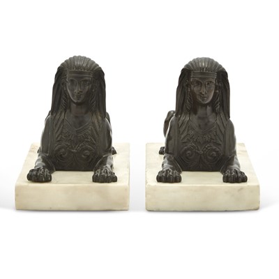 Lot 701 - Pair of Empire Style Patinated Bronze Sphinxes on Marble Plinths