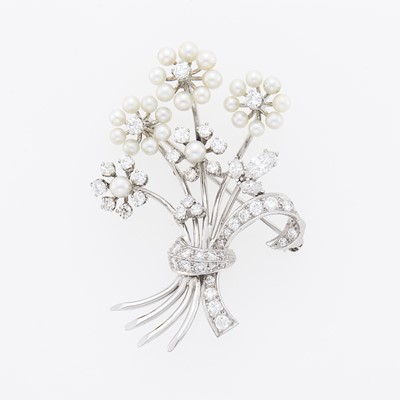 Lot 2197 - White Gold, Diamond and Cultured Pearl Bouquet Brooch