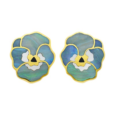 Lot 31 - Tiffany & Co. Pair of Gold, Opal, Mother-of-Pearl and Black Jade Pansy Earclips