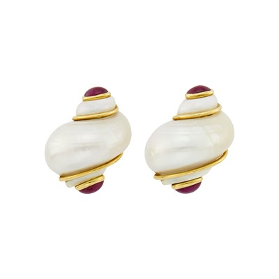 Lot 90 - Seaman Schepps Pair of Gold, Shell and Cabochon Ruby 'Turbo Shell' Earclips
