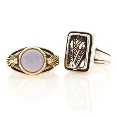 Lot 2021 - Barry Kieselstein-Cord Silver, Gold and Blue Chaledony Crocodile Ring and Silver Crocodile Ring