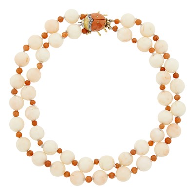 Lot 2268 - Double Strand Angel Skin Coral Bead Necklace with Gold, Coral and Diamond Ladybug Clasp