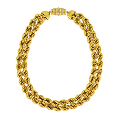 Lot 1083 - Double Strand Rope-Twist Gold Chain Necklace with Gold and Diamond Clasp
