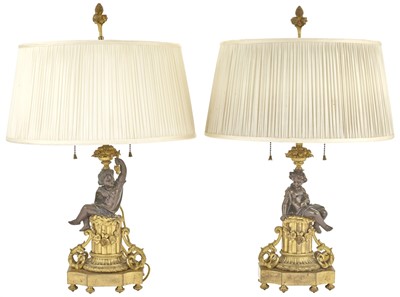 Lot 345 - Pair of Louis XVI Style Patinated- and Gilt-Bronze Figural Lamps