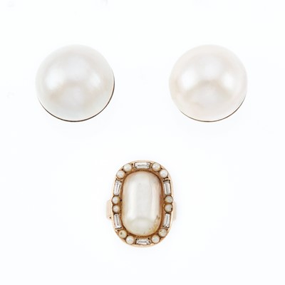 Lot 2252 - Pair of White Gold and Mabé Pearl Earclips and Antique Low Karat Gold, Mabé Pearl, Seed Pearl and Diamond Ring