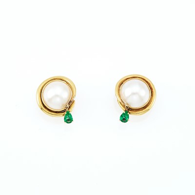 Lot 2011 - Pair of Gold, Mabé Pearl and Emerald Earclips