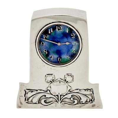Lot 261 - Archibald Knox for Liberty & Co. Sterling Silver and Enamel "Cymric" Pattern Desk Clock