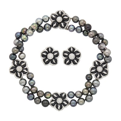 Lot 1128 - Double Strand Tahitian Black and Gray Cultured Pearl, Black Onyx and Diamond Flower Necklace and Pair of Earclips