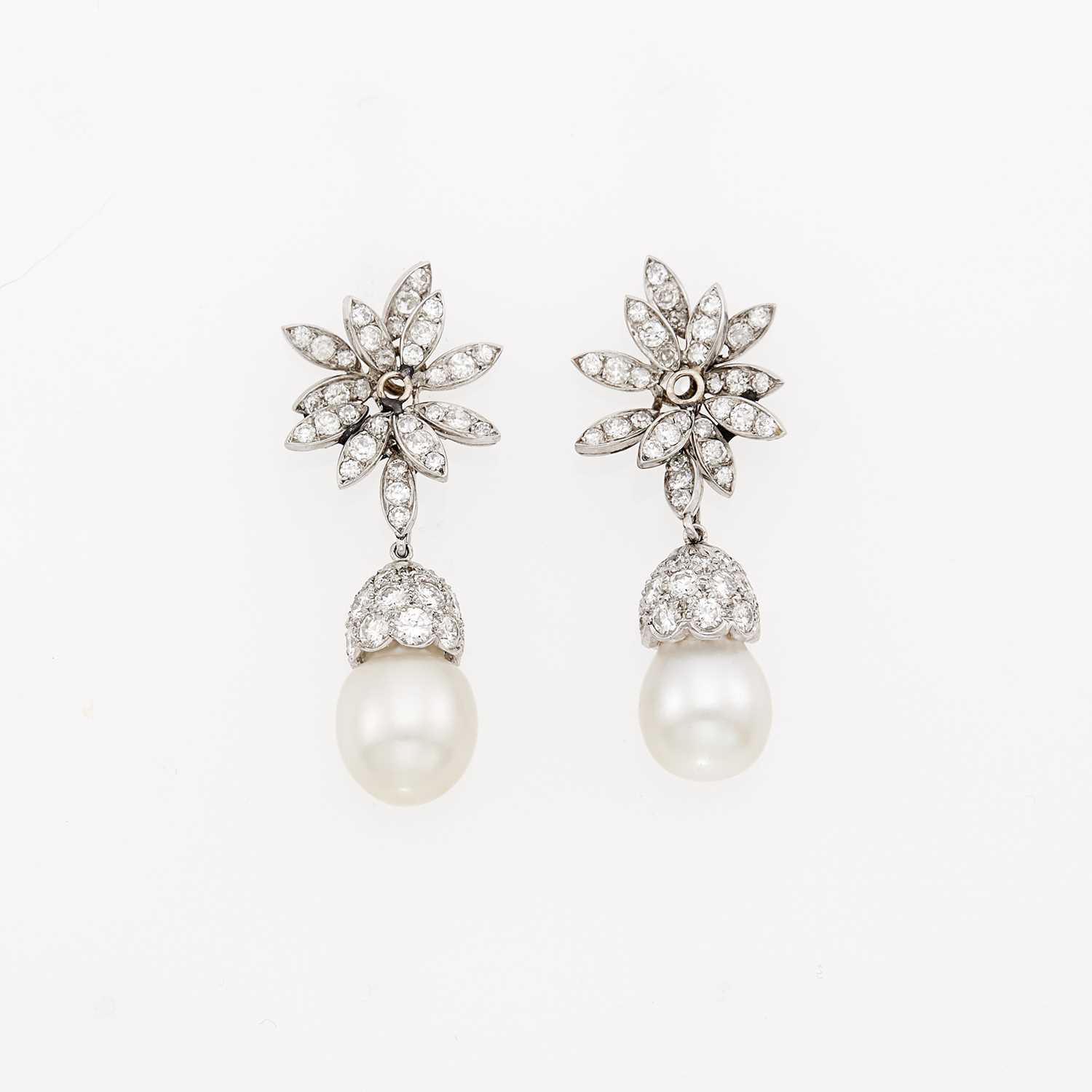 Lot 1067 - Pair of Platinum, White Gold, Cultured Pearl and Diamond Earring Jackets, France, and Pendants